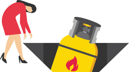 The Gas cylinder fell into a pit. Danger. Gas price falls down. Low demand. Gas price crisis, risk from energy or oil company stock. Flat vector illustration

