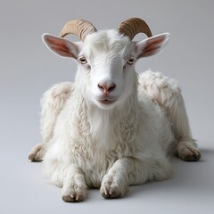 Obraz premium Fluffy white goat lying down, studio shot, neutral background, farm animal portrait