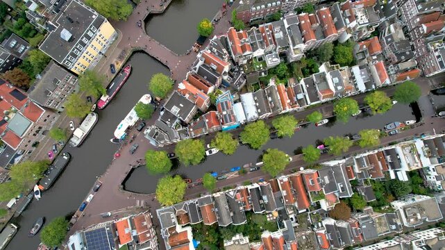 Stunning aerial shot of Amsterdam showcasing its iconic canals, historic architecture, and vibrant cityscape. The perfect blend of history and modernity from above