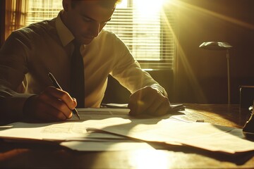A man is currently sitting at a desk surrounded by papers and a calculator