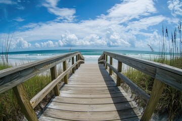 Wooden Beach Path to Ocean under a Summer Sky