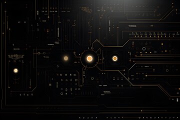 Abstract Futuristic Technology Background Golden Circuit Board Design with Data Streams and Nodes