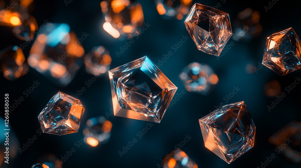 Poster stunning display of floating crystal shapes illuminated by vibrant light sources
