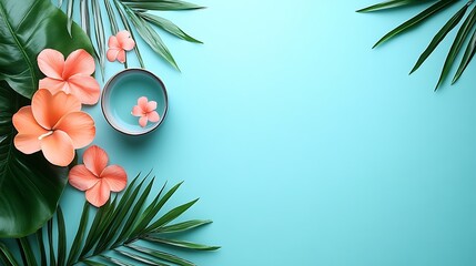 Tropical flowers, water bowl, palm leaves, blue background; spa, wellness