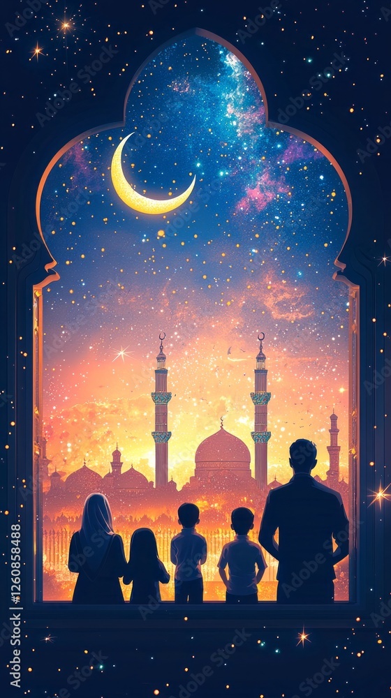 Poster a family stands at their window, admiring the enchanting sunset adorned with a crescent moon. this m