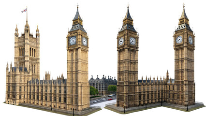 Obraz premium Big Ben Iconic Clock Tower London – Four Views Illustration Isolated on a Transparent Background