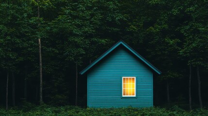 Fototapeta premium Fear of the Dark Concept, Isolated House in Woods with Faint Glow from Window Surrounded by Dark Forest Trees at Dusk