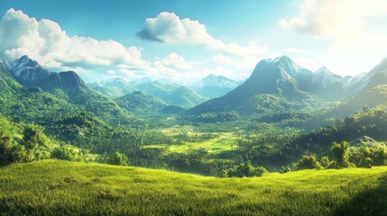 Naklejka premium Lush Valley, Majestic Mountains, Sunny Day, Nature's Beauty