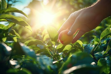 Fototapeta premium peach hand picking organic harvest. Hand reaching for fruit in a sunlit orchard setting.