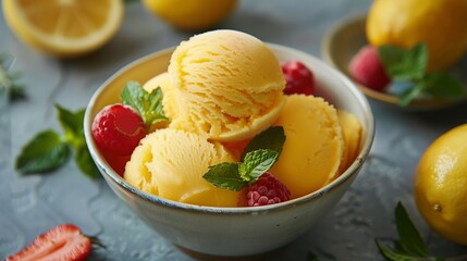 Delicious Lemon Sorbet with Raspberries and Mint in Bowl