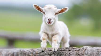 Fototapeta premium Cute Baby Goat on Log in Field