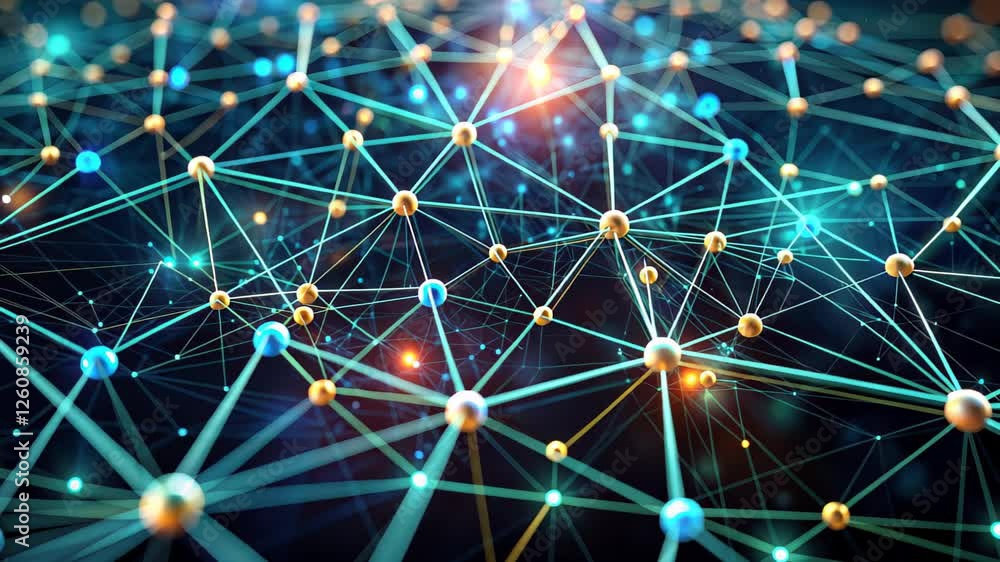 Poster explore the intricate beauty of interconnected lines and nodes in a vibrant digital network at night