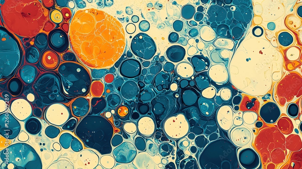Poster colorful abstract pattern with vibrant circles and organic shapes across the canvas.