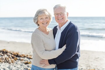 Fototapeta premium An elderly couple smiles and holds hands on the beach