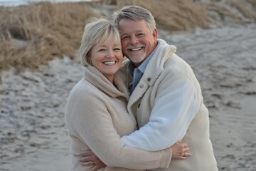 Obraz premium An elderly couple smiles and holds hands on the beach