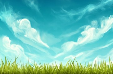 Hand-Drawn Green Grass Border with Blue Sky Background in Cartoon Style