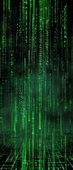 Obraz premium Matrix green digital rain cascades into a void black depth, vertical sound wave frequencies form cyberpunk audio visualization artifacts.