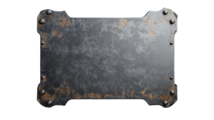 Rusty metal plate with rivets on transparent background
