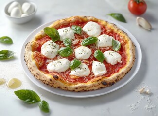 Delicious pizza with tomato sauce, cheese, and fresh basil