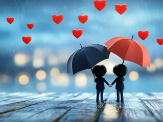 Two Cute Little Hearts Holding Hands Under an Umbrella in the Rain, Cartoon Style