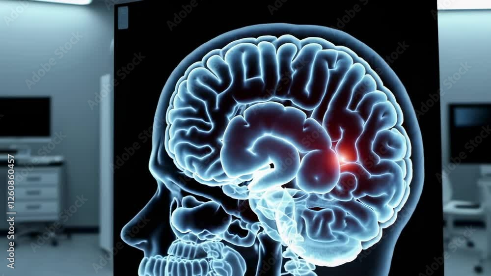 Poster medical visualization revealing brain tumor growth inside transparent human head, displaying complex