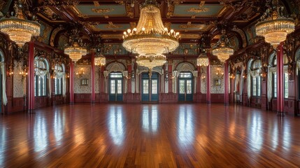 Obraz premium Ornate Ballroom, Majestic Chandeliers, Empty Hall