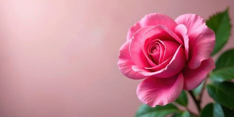 Fototapeta premium A single, vibrant pink rose blossom, showcasing its delicate petals and lush green foliage, against a soft, blurred pink background.