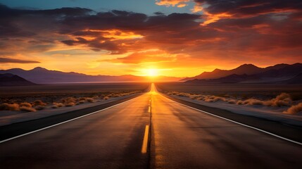 Majestic Sunset Over Desert Highway Scenic Road Trip at Golden Hour