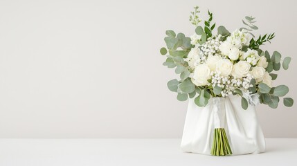 Naklejka premium Elegant white rose bridal bouquet, studio setting
