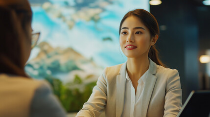 A confident young professional Asian woman offers a warm smile during a modern business meeting, embodying enthusiasm and engagement in a collaborative environment.