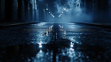 Noir vibes dark street wet asphalt reflects dim lights moody abstract background perfect for atmospheric noir themes.