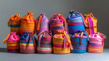 A collection of vibrant, handcrafted bags made from upcycled plastic, showcasing the perfect fusion of creativity, sustainability, and modern aesthetics.