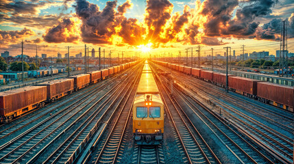 Freight locomotive on multiple railway tracks at industrial cargo terminal during golden sunset. Urban infrastructure with parallel rails, shipping containers and electric transmission lines under