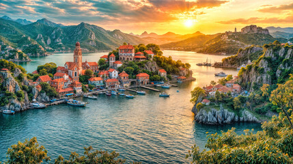 Obraz premium Mediterranean coastal village with terracotta roofs and church tower on rocky bay at golden sunset. Historic harbor with boats against mountain backdrop travel architecture