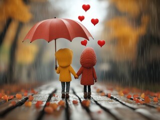 Two Cute Little Hearts Holding Hands Under an Umbrella in the Rain, Cartoon Style