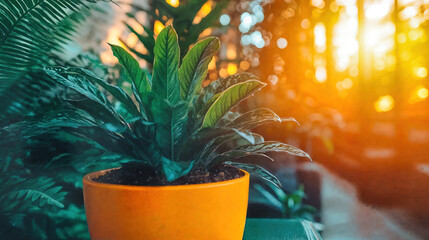 Tropical houseplant with green leaves in orange ceramic pot during golden sunset. Indoor foliage plant with backlit natural light and bokeh background. Decorative botanical flora in warm sunbeams.