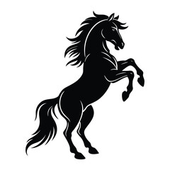 A silhouette of a black Mustang horse rearing up against a setting sun, its mane flowing and hooves lifted, exuding power and freedom in a dramatic, dynamic pose.