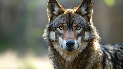 Naklejka premium Red wolf portrait, forest background, wildlife photography, nature conservation