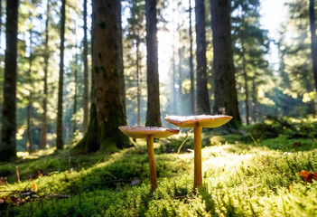 Naklejka premium A low-angle shot of towering, glowing mushrooms in a misty forest, with beams of sunlight breaking through the dense canopy above. The forest floor is covered in shimmering, bioluminescent moss and sm