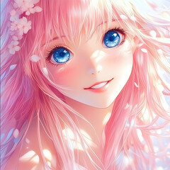 Beautiful Anime Girl with Pink Hair and Sparkling Blue Eyes

