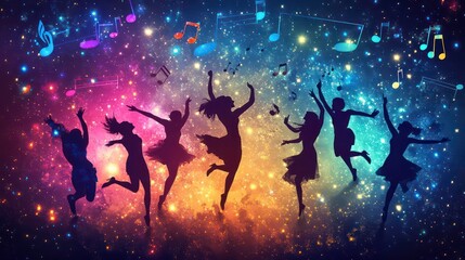 Silhouettes of joyful women dancing in space, musical notes floating around them. Possible use Party, celebration, dance poster