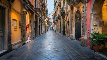 Obraz premium Italian alleyway morning light, empty street, historical buildings