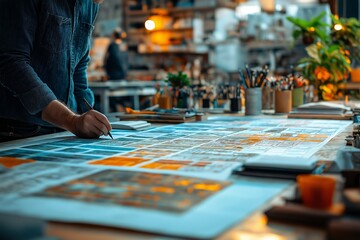 Image depicts home design and planning process with detailed architectural drawing process steps in progress on designer's workspace. Concept focuses on architectural drawing process steps
