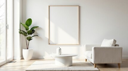 Fototapeta premium Minimalist living room interior design with a large blank frame, a cozy armchair, and a simple coffee table