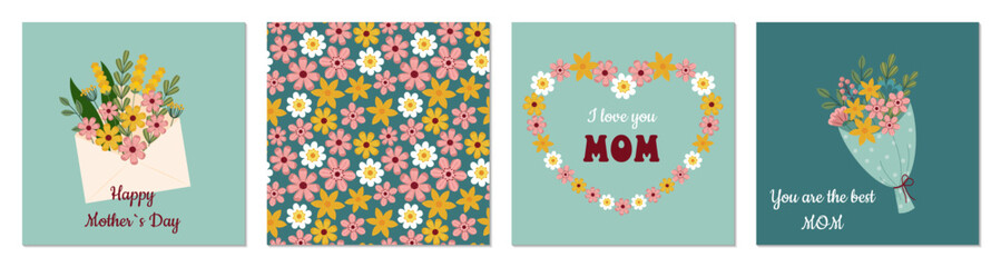 Set of Mothers Day greeting cards. Hand drawn floral designs. Vector illustration