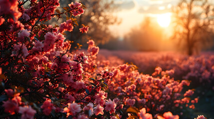 Blossoming Flowers Illuminate a Tranquil Spring Sunset Landscape