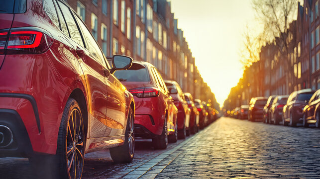 Red luxury suvs on urban cobblestone street at golden sunset. Historic brick buildings, sun rays, light reflections. Sport vehicles lined in perspective with alloy wheels and warm evening glow.