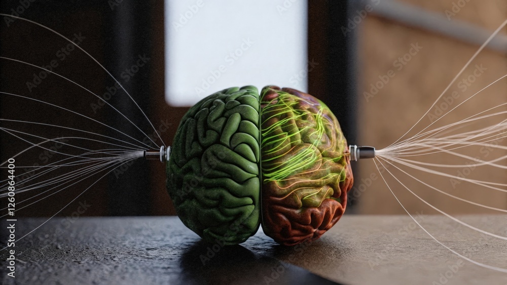 Poster an abstract artwork depicting a neural implant radiating waves of data around a vibrant human brain 