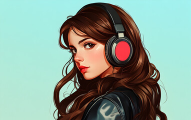 Vibrant Digital Illustration of a Girl with Headphones in a Casual Pose

