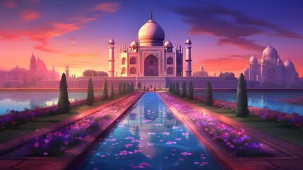 Obraz premium Majestic Taj Mahal at Sunset Serene Gardens Reflecting Pool Architectural Wonder